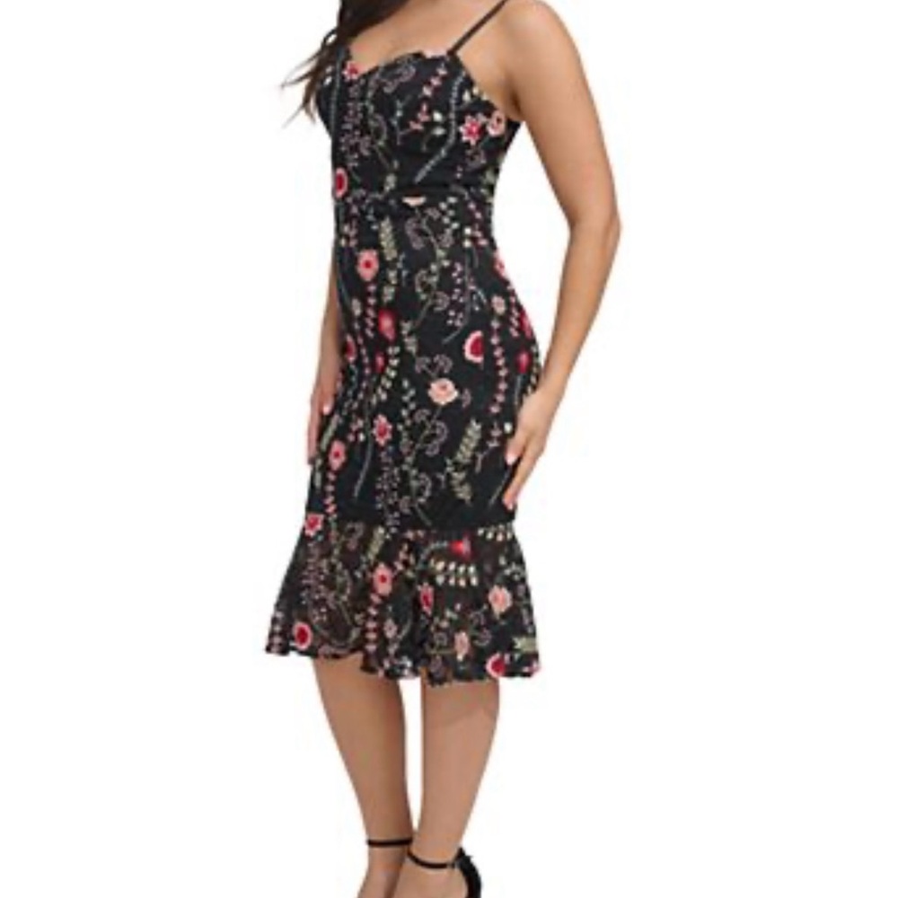 Floral Black Dress. Embroidered, Pink, Red. Lace, stretchy, cocktail